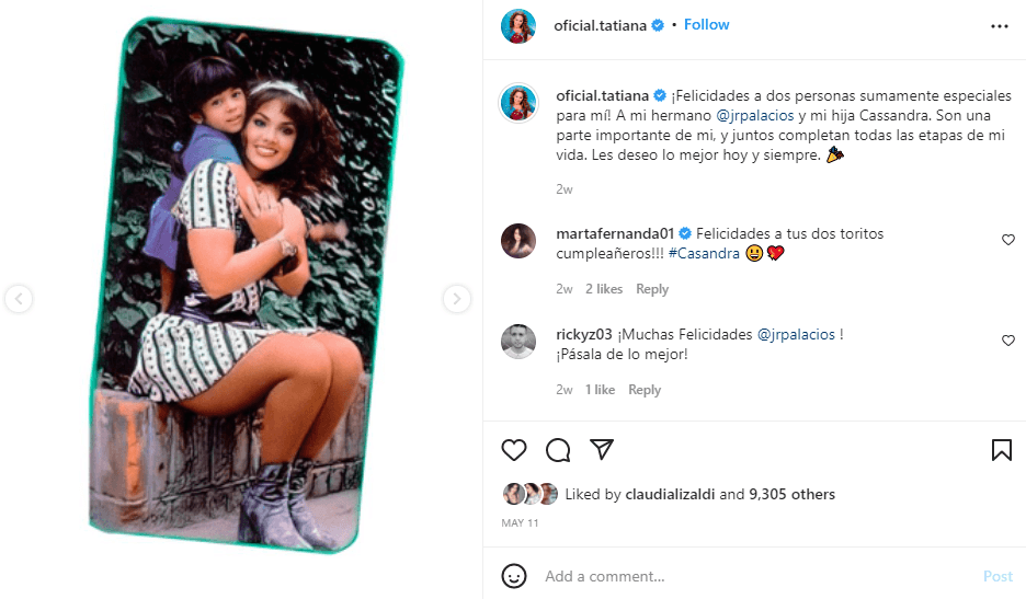 ¡“Felicidades a dos personas sumamente especiales para mí! A mi hermano Juan Ramón Palacios y mi hija Cassandra. Son una parte importante de mi y juntos completan todas las etapas de mi vida. Les deseo lo mejor hoy y siempre”, se lee al pie del posteo.