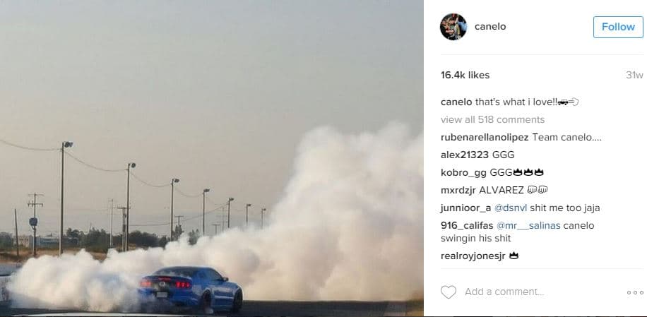 Canelo gusta jugar con su 
<b>Ford Shelby GT500</b>. Un clásico con un poderoso motor y con tracción posterior. Ideal para quemar los neumáticos.