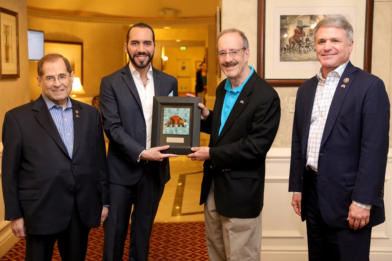 Members of Congress meeting with El Salvador's presidrnt-elect Nayib Bukele (second from left), March 30, 2019. Congressman Mike McCaul (Rep-Tx), (r), with Eliot Engel (Dem-NY), and Jerry Nadler (Dem-NY) (l).