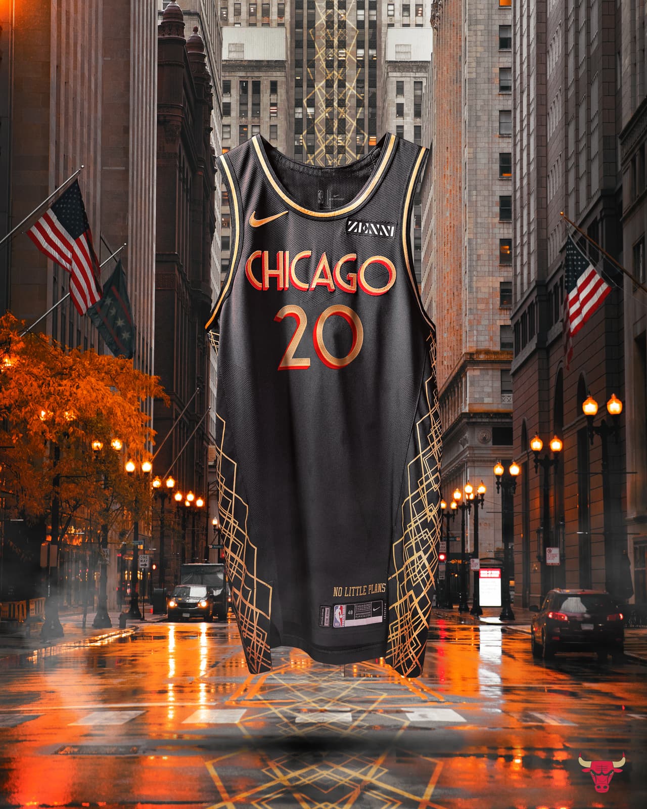 Una fuente art Deco para mostrar la marca denominativa "CHICAGO" y los números de camiseta, que se inspiró en la señalización del edificio United Center