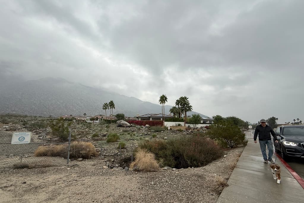 A man walks a dog in the rain on South Belardo Road, Wednesday, Dec. 24, 2025, in Palm Springs, Calif. (AP Photo/Pamela Hassell)