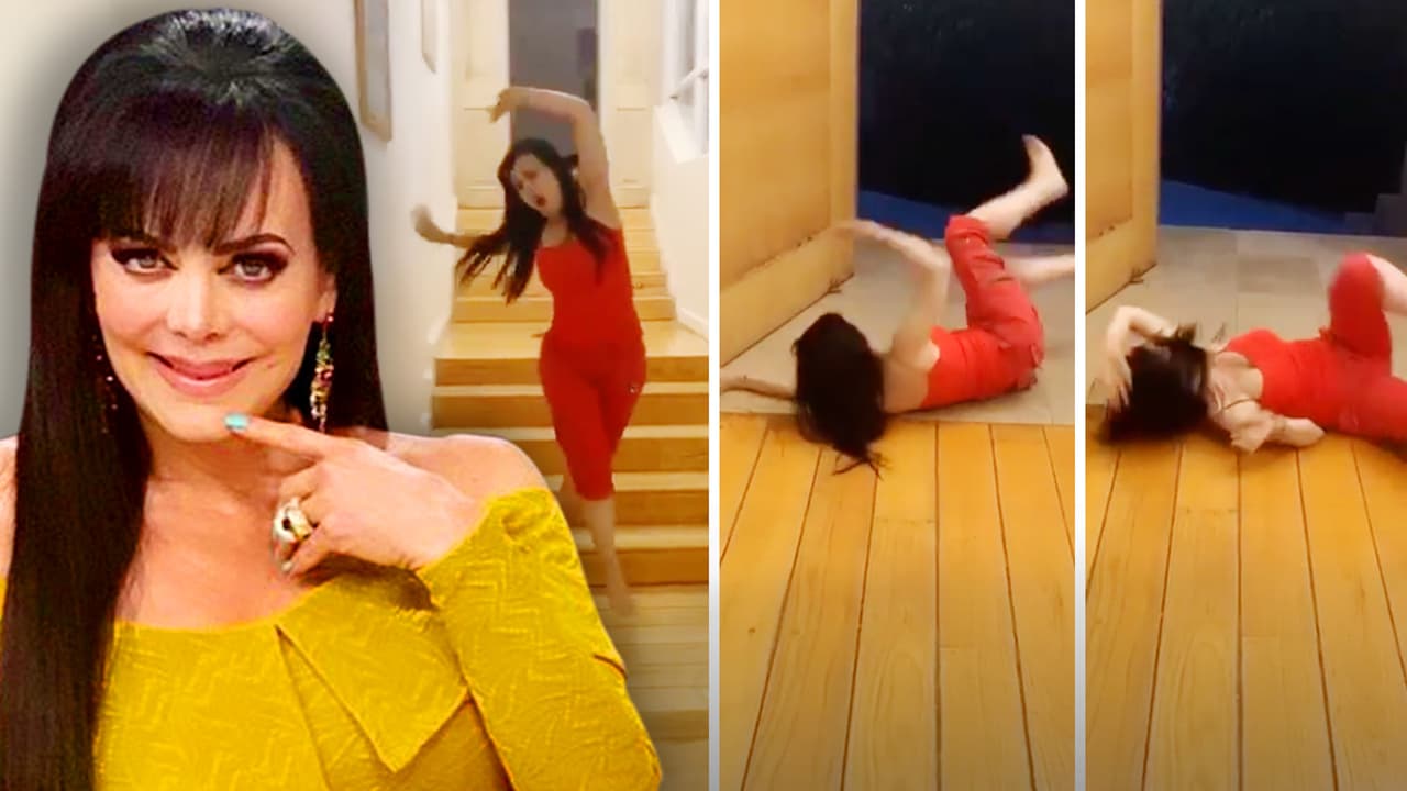 Maribel Guardia eleva a otro nivel el reto de la caída por las escaleras al estilo de La Rosa de Guadalupe