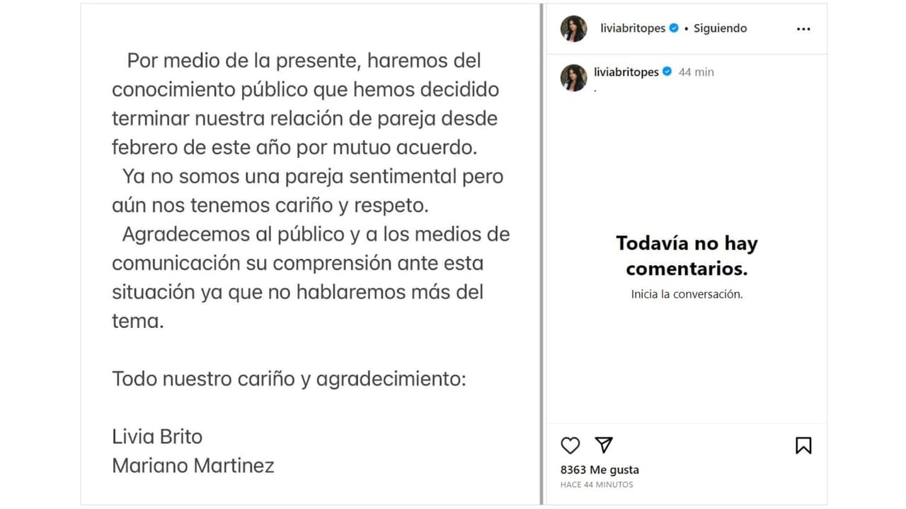 Livia Brito anuncia fin de su relación.