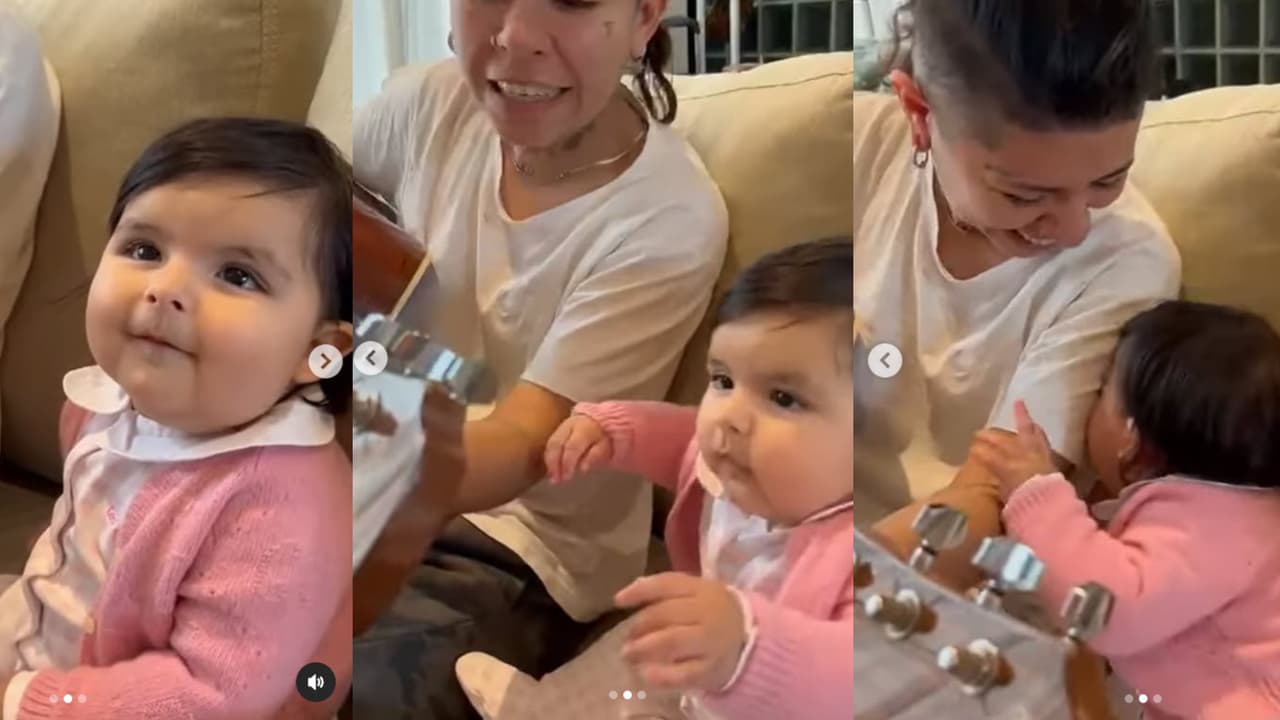Inti parece vivir rodeada de música y no solo por su madre, sino también por su tía Florencia Cazzuchelli, con quien aparece aquí gozándola de ver tocar la guitarra.
