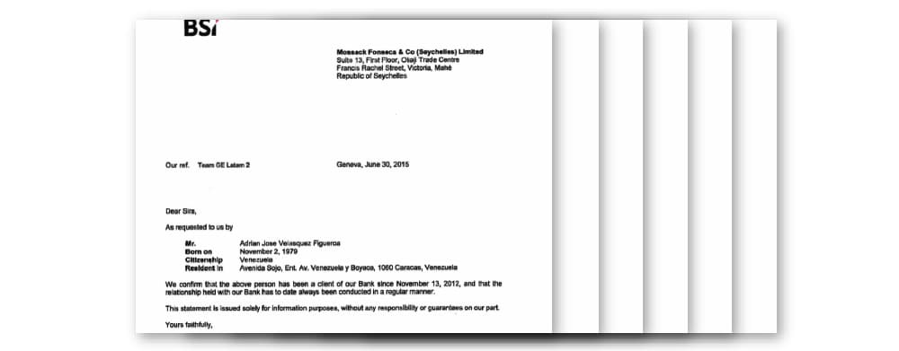 Uno de los documentos que suministró Velásquez a Mossack Fonseca para abrir la sociedad fue una carta del banco suizo BSI, como constancia de que era cliente desde 2012. Una nueva filtración de correos internos del bufete llegó al diario alemán 
<b>Süddeutsche Zeitung</b> y la volvieron a compartir con el
<a href="https://www.icij.org/investigations/panama-papers/?utm_content=buffer18651&utm_medium=social&utm_source=twitter.com&utm_campaign=Buffer+-+Twitter"> Consorcio Internacional de Periodistas de Investigación (ICIJ)</a>. Eso permitió que 
<a href="https://www.univision.com/test/esto-huele-a-dinero-de-chavez-la-reaccion-de-mossack-fonseca-sobre-el-escandalo-de-la-pareja-cercana-al-presidente-venezolano">Univision</a>, así como El Confidencial y armando.info volvieran a acceder a los archivos y revisar cómo el bufete decidió salir de Velásquez como cliente.