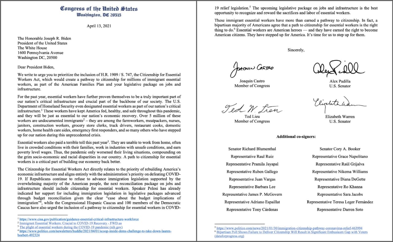 Los legisladores, entre ellos el senador por California, Alex Padilla, y el congresista por Silicon Valley, Ro Khanna, se unieron a una veintena de políticos que
<a href="https://castro.house.gov/imo/media/doc/4.13.21%20Letter%20Citizenship%20for%20Essential%20Workers%20Letter.pdf" target="_blank">enviaron una carta al Presidente</a> para destacar que estos trabajadores indocumentados “han mantenido a Estados Unidos con alimentos, saludables y seguros durante la pandemia de coronavirus”.