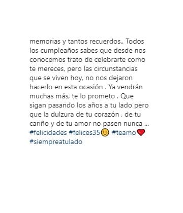 La enfermedad que atravesaron ambos les reafirmó que la salud es lo más importante, y aunque no haya festejo en grande como acostumbran están agradecidos de estar sanos y más unidos que nunca. En el texto, Alan agregó que "ya vendrán muchas más (celebraciones), te lo prometo".
