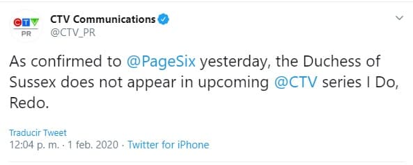 CTV, que se ha asociado con Netflix para producir el reality show, también negó la incursión de Markle en el proyecto. "La duquesa de Sussex no aparece en la próxima serie de @CTV I Do, Redo ", escribieron en su cuenta de 
<b><a href="https://twitter.com/CTV_PR/status/1223668361470582790" target="_blank">Twitter</a></b>.