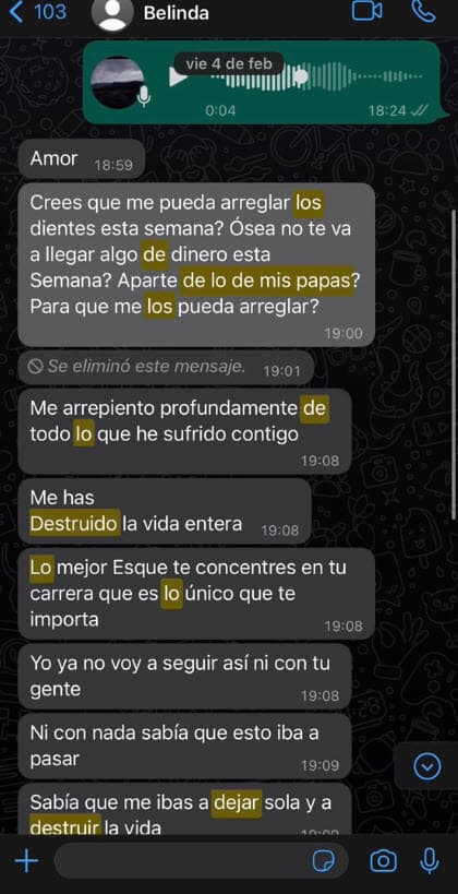 La última frase cobra sentido con la imagen que acompañó el tuit. Se trata de esta captura de pantalla de una supuesta conversación entre él y Belinda con fecha del 4 de febrero. Nodal anunció la ruptura del compromiso la noche del día 12 de ese mes.
<br>