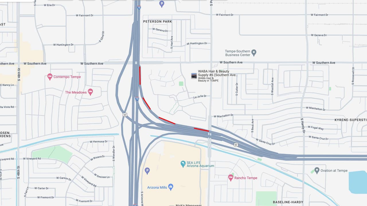 <b>US 60 oeste</b>
<br>La US 60 en dirección oeste se reducirá a dos carriles entre Priest Drive y la I-10, desde las 10 p.m. del viernes 28 den junio, y hasta las 9 p.m. del domingo 30 de junio.
<br>
<br>
<b>Rutas alternas</b>
<br>Permita tiempo de viaje adicional y considere usar el Loop 101 en dirección norte hasta el Loop 202 en dirección oeste.
