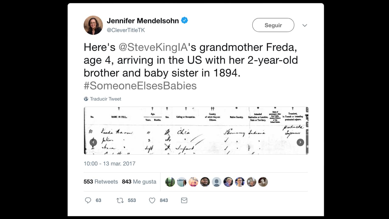 “Aquí está Freda, la madre de @SteveKingIA, de 4 años, llegando a EEUU con su hermano de dos años y una hermanita en 1894. #BebésdeOtrasPersonas”, publicó la investigadora junto a los documentos históricos.