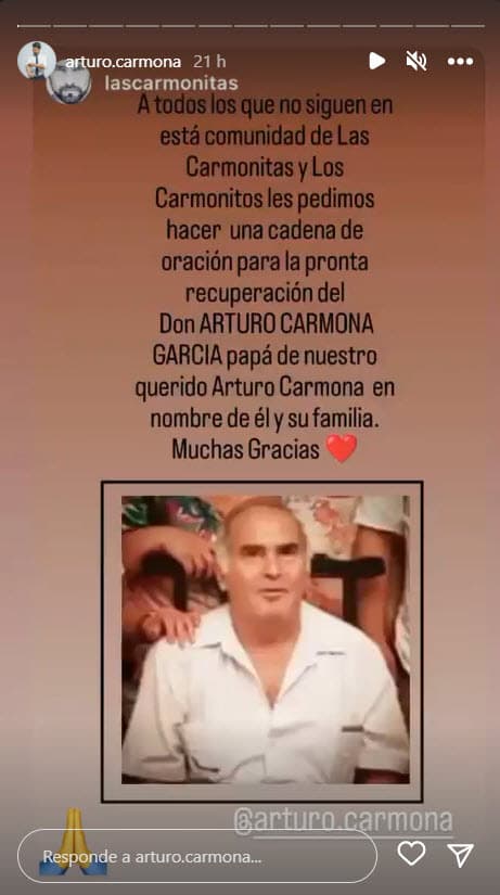El actor de telenovelas como
<b><a href="https://vix.com/es/detail/series-1016?utm_medium=internal_referral&utm_source=univision&utm_campaign=breaking_news&utm_content=ed_entertainment&utm_term=slideshow" target="_blank">La Vecina, que puedes ver gratis aquí en ViX</a></b>, también compartió una imagen en sus historias de Instagram en la que pidió oraciones por el hombre que le dio la vida.