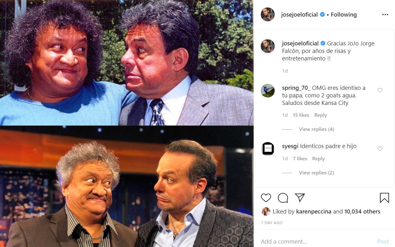 Ambos compartieron las imágenes en sus respectivas cuentas de redes sociales. El hijo de 'El Príncipe de la Canción' escribió: "¡
<b><a href="https://www.univision.com/local/houston-kxln/radio/el-free-guey/el-afilador-y-otras-de-las-posiciones-favoritas-de-jorge-falcon-video" target="_blank">Gracias Jo Jo Jorge Falcón por años de risas</a> </b>y entretenimiento!". Algunos de sus seguidores admiraron el parecido con su fallecido padre. 
<br>