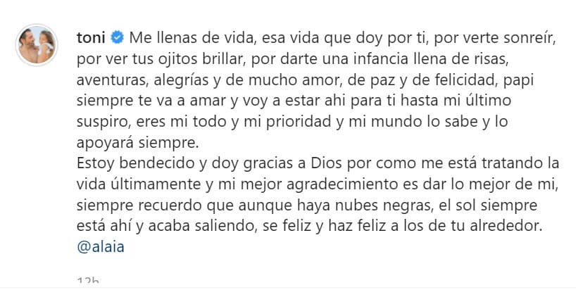 "Papi siempre te va a amar y voy a estar ahí para ti hasta mi último suspiro, eres mi todo y mi prioridad y mi mundo lo sabe y lo apoyará siempre", agregó, "estoy bendecido y doy gracias a Dios por 
<b>cómo me está tratando la vida últimamente </b>y mi mejor agradecimiento es dar lo mejor de mi". 
<br>