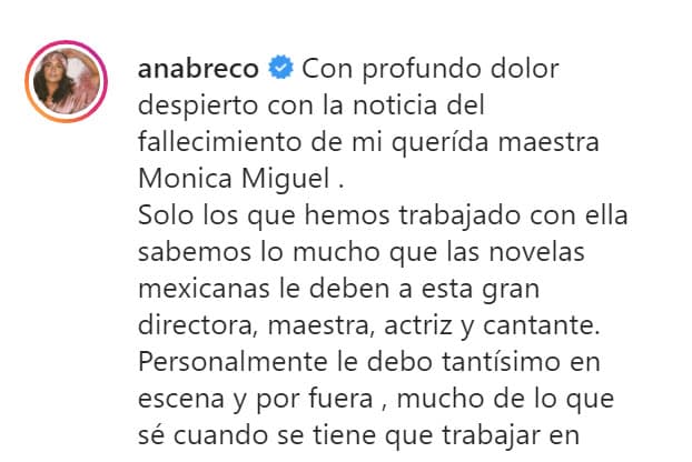 "Solo los que hemos trabajado con ella sabemos lo mucho que 
<b><a href="https://www.instagram.com/p/CDyfzZIlilM/" target="_blank">las novelas mexicanas le deben a esta gran directora</a></b>, maestra, actriz y cantante. Personalmente le debo tantísimo en escena y por fuera, mucho de lo que sé cuando se tiene que trabajar en medio de tanta inmediatez es gracias a ella".