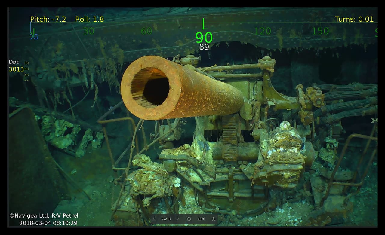Un cañón del portaaviones a casi dos millas de profundidad en el Océano Pacífico. Los restos del USS Lexington se encontraron a unas 500 millas de la costa este de Australia. Fue hundido el 8 de mayo de 1942 por las fuerzas armadas estadounidenses luego de los daños ocasionados por los ataques de Japón. En la 'Batalla del Mar de Coral' EEUU y los aliados lucharon contra Japón por el control del Océano Pacífico.