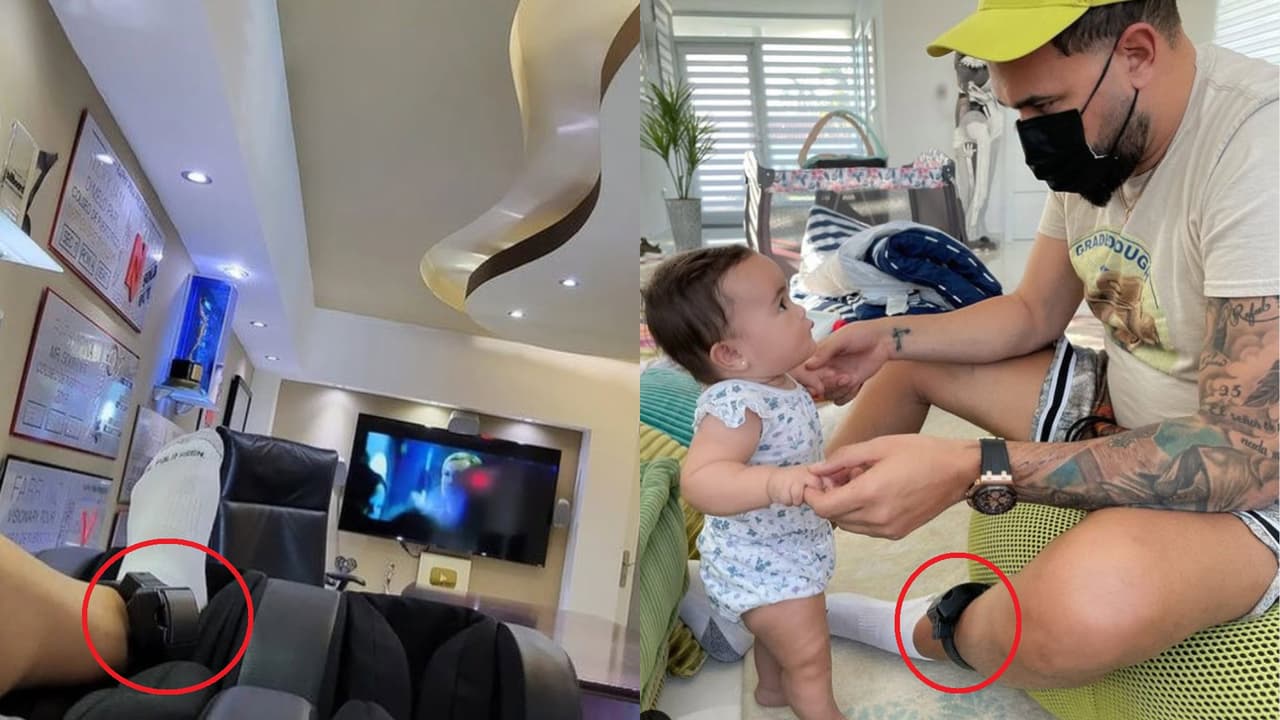 Raphy Pina tiene colocado el grillete de seguridad en la pierna izquierda.