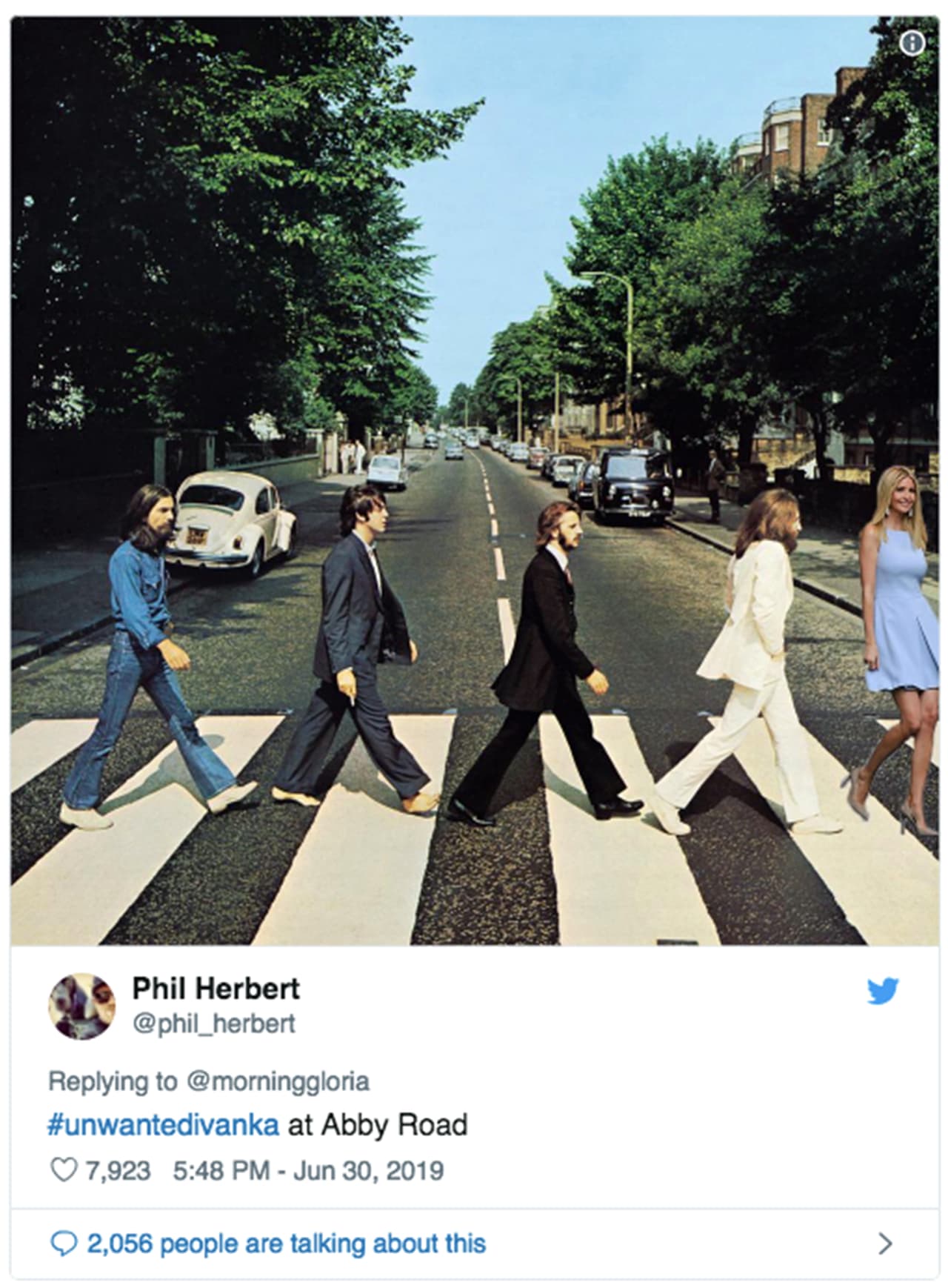 En la superfamosa tapa del disco de los Beatles en Abbey Road. / Crédito: 
<a href="https://twitter.com/phil_herbert">@phil_herbert/Twitter</a>