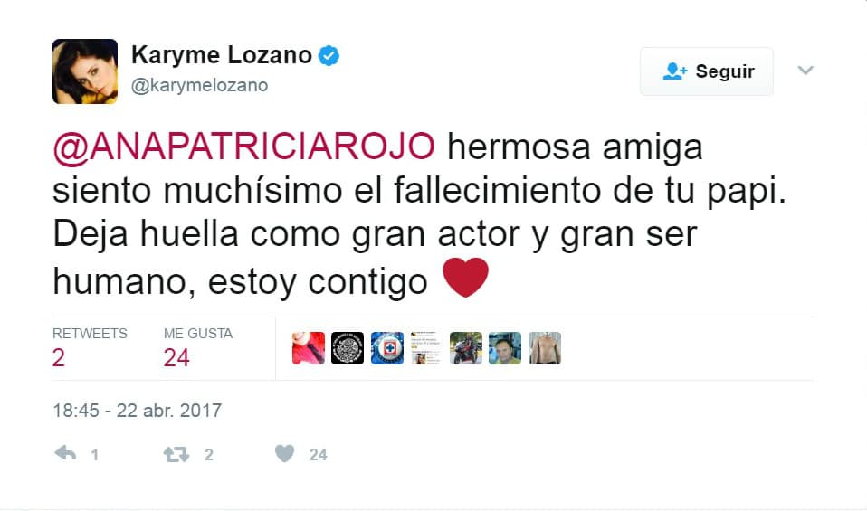 <b><a href="http://www.univision.com/temas/karyme-lozano">Karyme Lozano</a> </b>también animó a su amiga,
<b><a href="http://www.univision.com/temas/ana-patricia-rojo">Ana Patricia Rojo</a></b>, en estos momentos de dolor, reconociendo que su partida deja una huella imborrable en el mundo de la actuación.