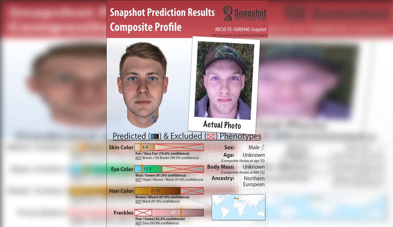 Parabon Nanolabs creó este perfil en base a un análisis del ADN encontrado en una mujer asesinada en Brown County, Texas. La foto de la derecha es la del sospechoso que luego confesó el crimen.