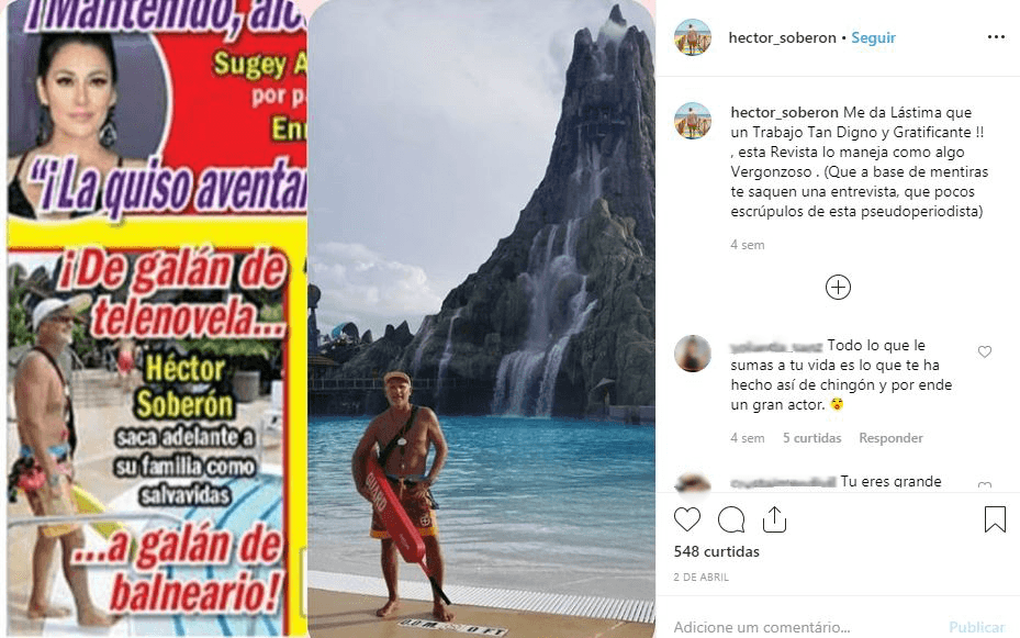 Pese a ello, Soberón también ha puesto en evidencia algunas publicaciones que han demeritado su trabajo como salvavidas. "Me da lástima que un trabajo tan digno y gratificante, esta revista lo maneja como algo vergonzoso.", refirió el actor en su publicación.