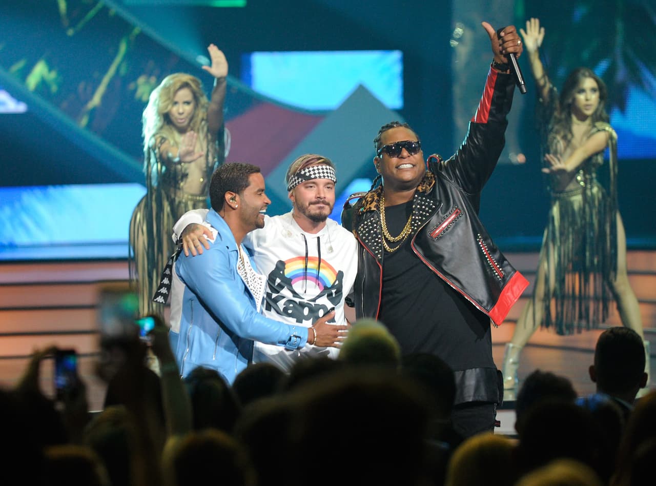 Zion & Lennox with J Balvin perform onstage at the Billboard Latin Music Awards at Watsco Center on April 27, 2017 in Coral Gables, Florida. Balvin has worked with the duo on several songs, including 'Otra Vez,' 'Solo Tú Remix' 'Soltera' and 'Te Gusto.'