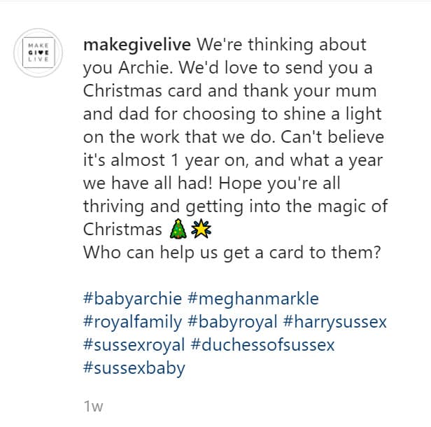 "Recientemente publiqué un mensaje en las redes sociales preguntando cómo podríamos enviarles una tarjeta para compartir lo agradecidos que estábamos con Harry y Meghan por arrojar luz sobre el trabajo que hacemos", mencionó Conza. El mensaje lo publicó el 14 de diciembre en la cuenta de la organización, en donde pidió ayuda para localizar a los Sussex.
<br>