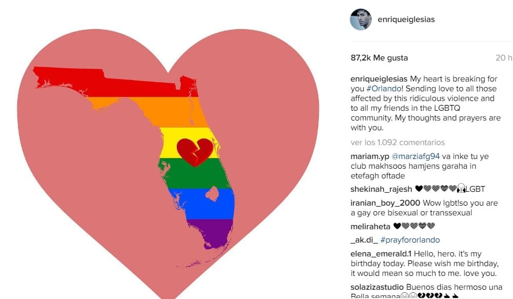 Con este corazón con la imagen del estado de Florida coloreado por la bandera gay, Enrique mostró que su amor por la comunidad latina es inmenso, y más en estos momentos de dolor. "Mi corazón se ha roto por ti Orlando. Enviando amor para todos aquellos afectados ...".