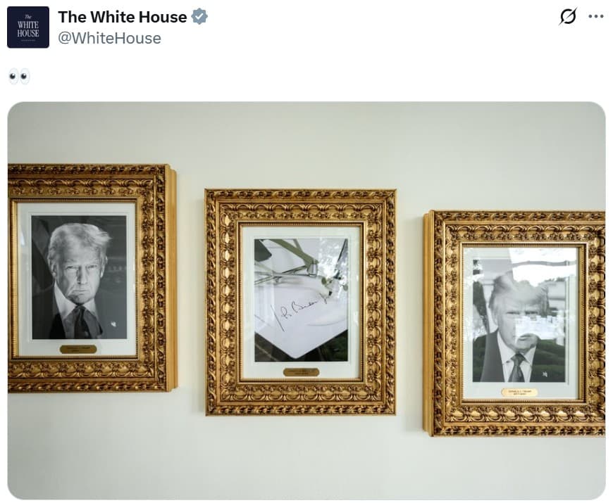 El 'autopen' de Biden entre los dos retratos oficiales de Donald Trump.