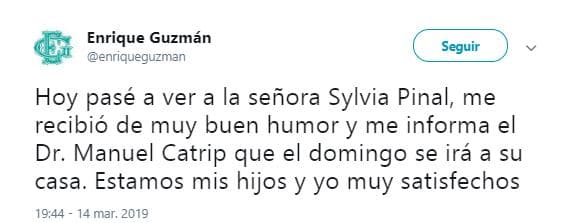 A través de su perfil de Twitter, el pasado 14 de marzo Enrique Guzmán informó de la visita que hizo a su famosa expareja.