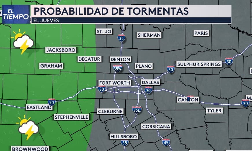 <b>La probabilidad de tormentas se concentra al este del Metroplex</b>, especialmente en zonas como 
<b>Graham, Jacksboro, Decatur y Stephenville</b>, y se espera durante la mañana de este jueves.