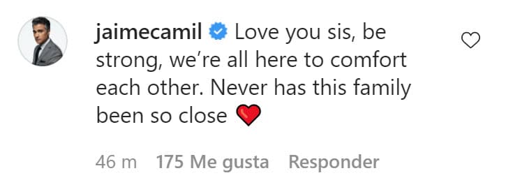 Su hermano Jaime Camil comentó la publicación con un mensaje de apoyo: "Te amo hermana, sé fuerte, estamos todos aquí para consolarnos. Nunca esta familia ha estado tan unida".
<br>