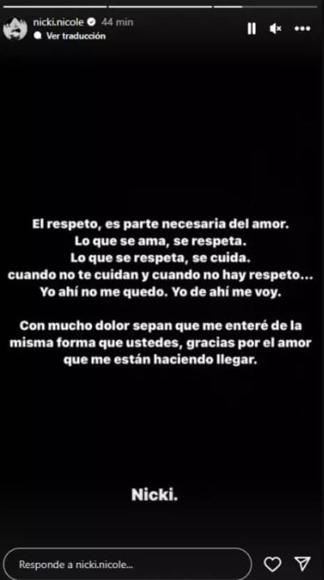 Nicki Nicole lanzó este mensaje en Instagram.