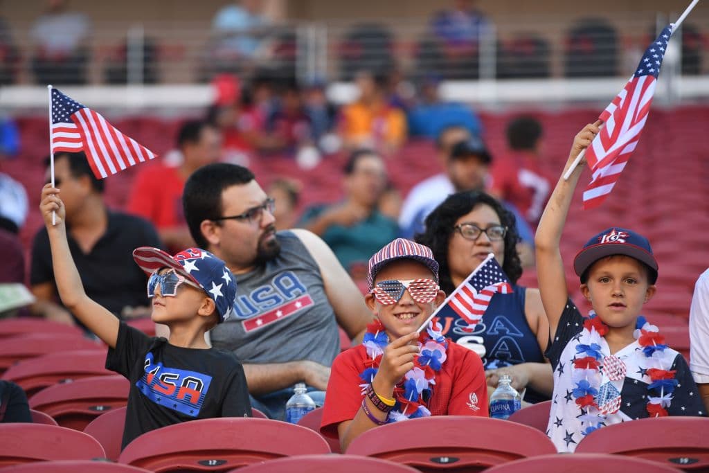 Young fans of the USA wait the final football game of the 2017 CONCACAF Gold Cup against Jamaica at the Levi's Stadium in Santa Clara, California on July 26, 2017. / AFP PHOTO / Robyn Beck (Photo credit should read ROBYN BECK/AFP/Getty Images)