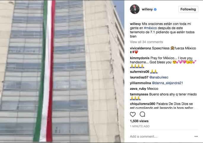 William Levy: "Mis oraciones están con toda mi gente en #México después de este terremoto de 7.1. Pidiendo que estén todos bien".