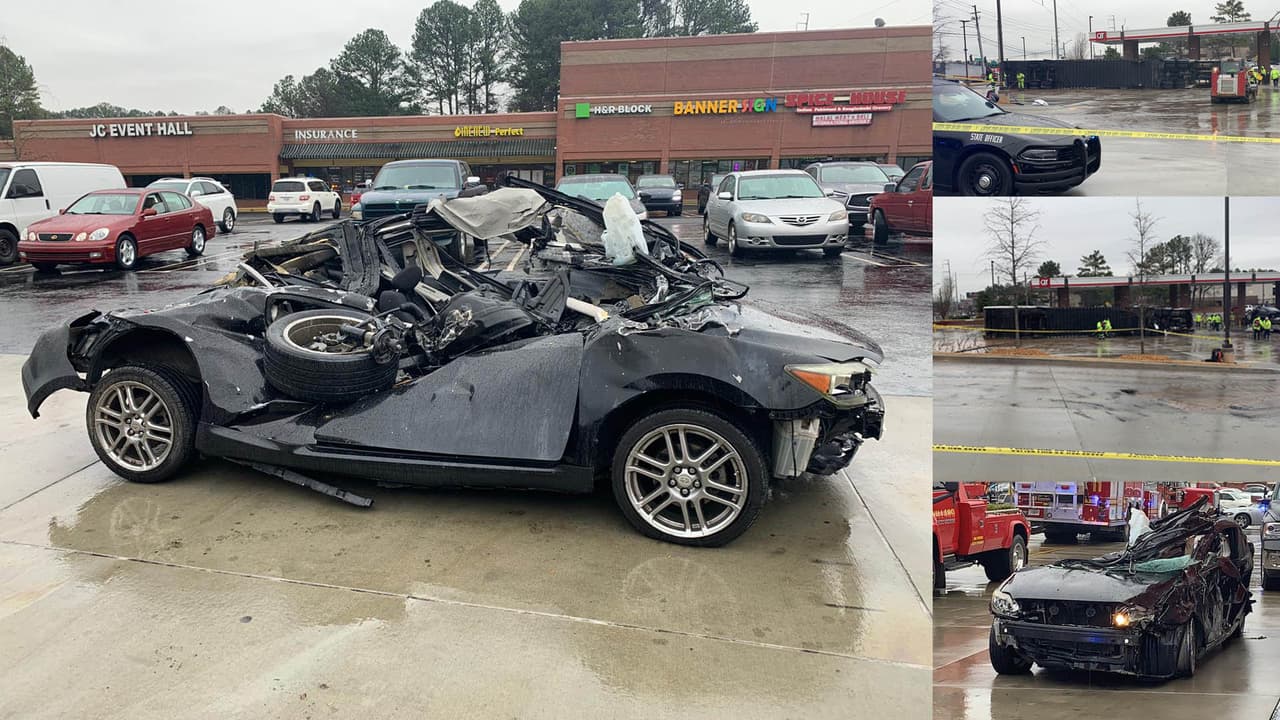 Camión se estrella, destroza varios autos y se vuelca en gasolinera de Norcross