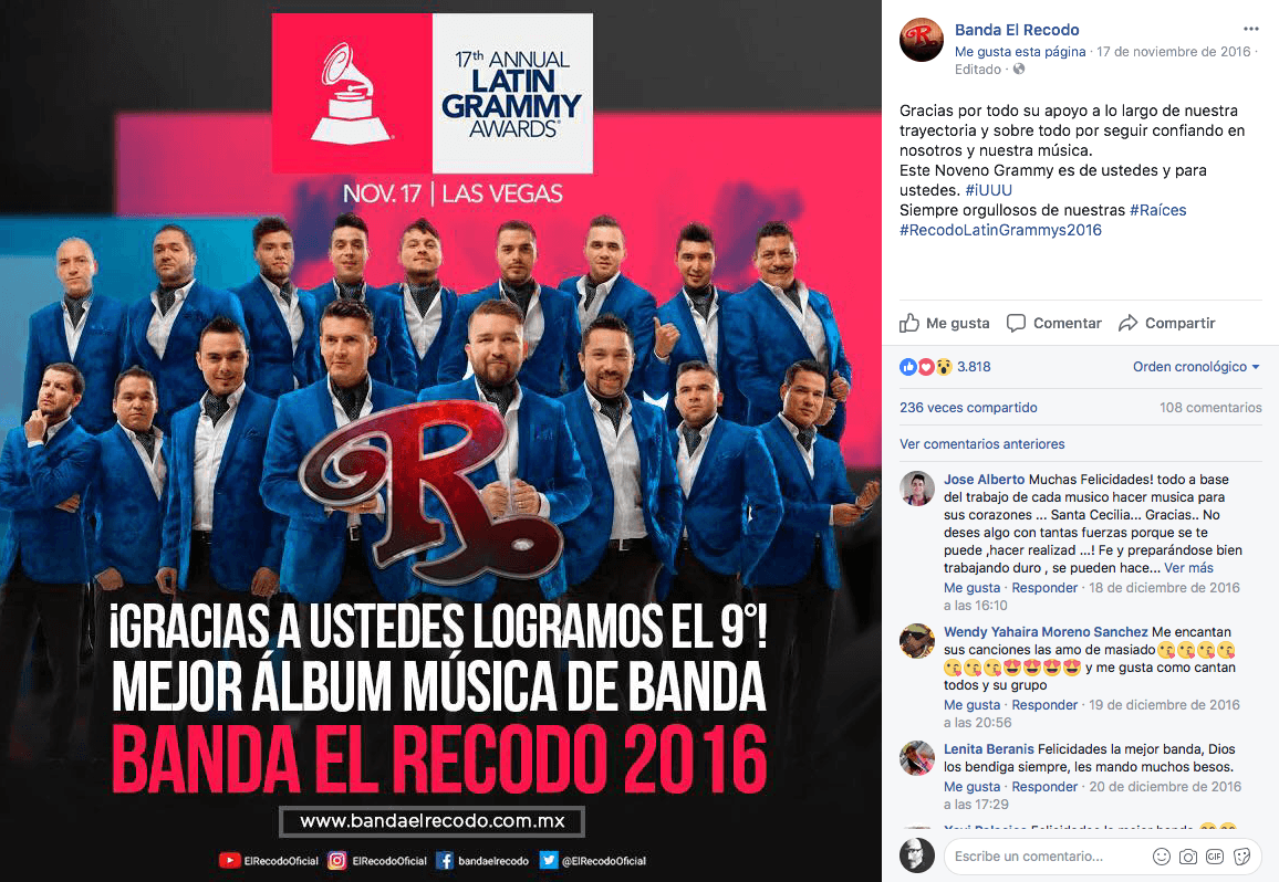 Con más de 75 años de trayectoria, la Banda el Recodo ganó su noveno Latin GRAMMY en 2016. “Lo más importante sigue siendo el apoyo incondicional de los fans”, comentó la agrupación.