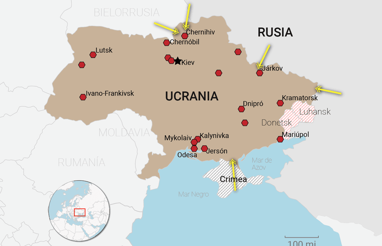 En tres frentes y  rumbo a la capital: así se desarrolla la invasión de Rusia a Ucrania