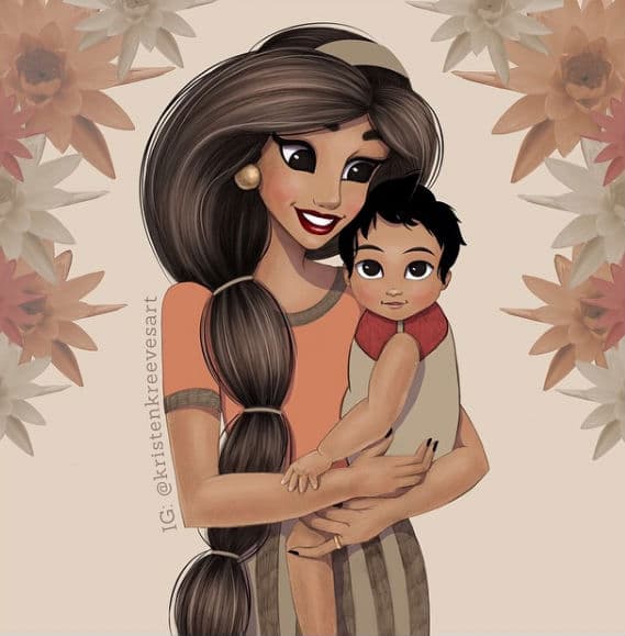 Aquí ilustra a Jazmín (de la cinta Aladín) con el que sería su bebé.