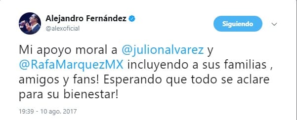 'El Potrillo' no dudó en mostrarle su apoyo a través de un mensaje de Twitter, al igual que a su amigo Rafael Márquez.