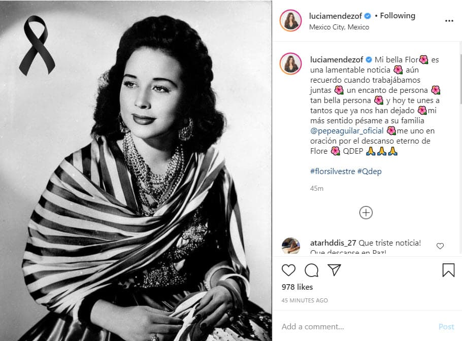 Lucía Méndez dedicó un emotivo mensaje y recordó los momentos que vivió junto a la fallecida intérprete: "Mi bella Flor, es una lamentable noticia, aún recuerdo cuando trabajábamos juntas, un encanto de persona, tan bella persona, y hoy te unes a tantos que ya nos han dejado. Mi más sentido pésame a su familia @pepeaguilar_oficial, me uno en oración por el descanso eterno de Flor QDEP".