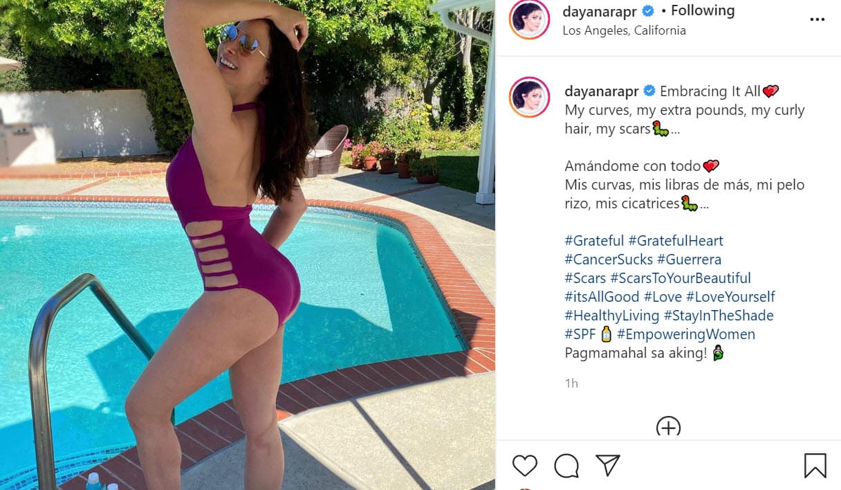 "
<b><a href="https://www.univision.com/famosos/dayanara-torres-rompio-a-llorar-al-recibir-refuerzos-inesperados-horas-antes-de-su-batalla-final-contra-el-cancer-video" target="_blank">Amándome con todo</a></b>. Mis curvas, mis libras de más, mi pelo rizo, mis cicatrices", escribió junto a 
<b><a href="https://www.instagram.com/p/CC3oHrLJrvR/" target="_blank">esta foto</a></b> en la que se mostró sin filtros.