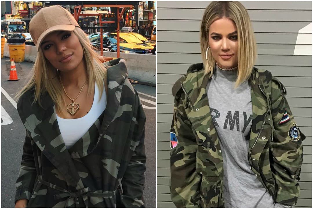 Karol G y Khloé siguen las tendencias de la moda y aquí las podemos ver con su chamarra de camuflaje.