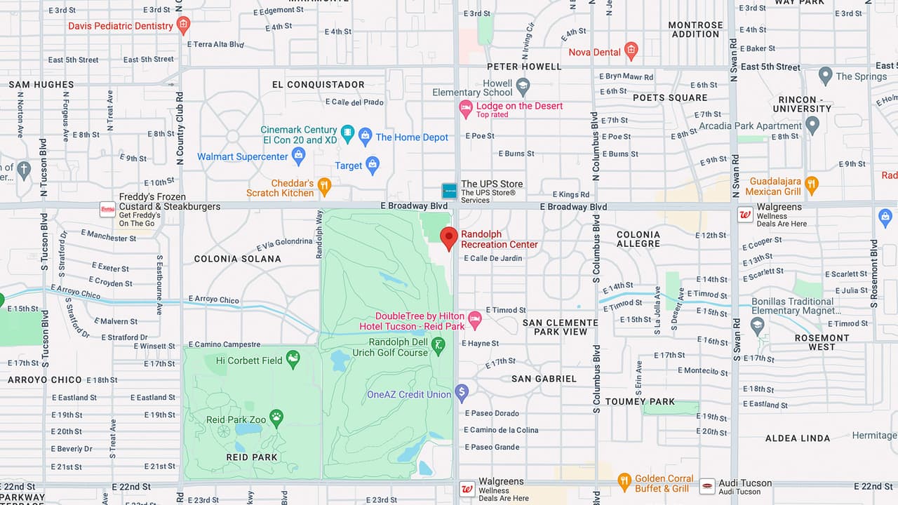 Randolph Center,
<a href="https://www.google.com/maps/place/Randolph+Recreation+Center/@32.21918,-110.910039,15z/data=!4m6!3m5!1s0x86d67024320f96c5:0xa52de7515f39e29f!8m2!3d32.2191795!4d-110.9100387!16s%2Fg%2F1v1slnzj?hl=en&entry=ttu" target="_blank">200 S Alvernon Way.</a>