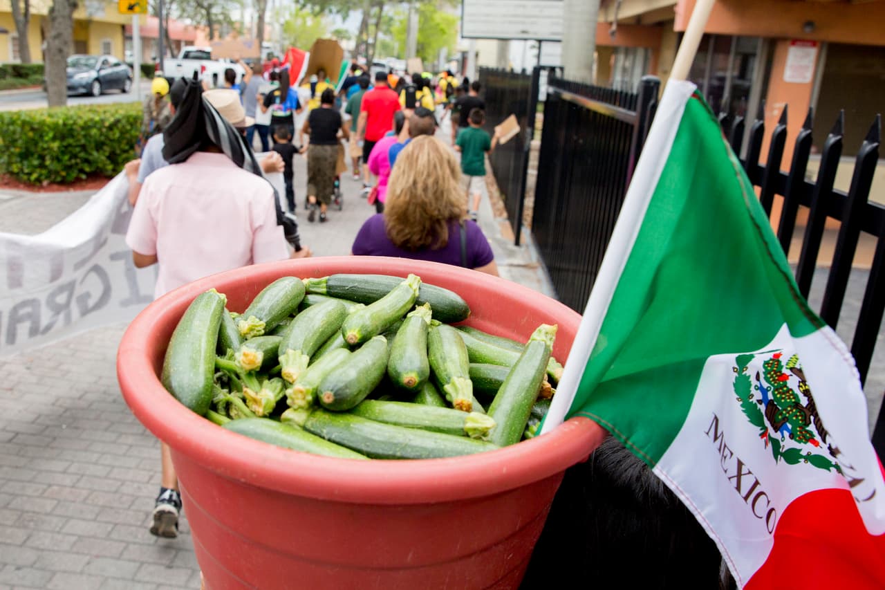 Algunos manifestantes cargaron cestas con hortalizas de las que se producen en los campos de Homestead.