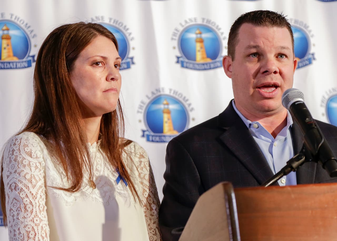 Matt and Melissa Graves, parents of Lane Thomas, the 2-year-old Nebraska boy who was killed by an alligator last year at Walt Disney World, speak at a news conference in Omaha, Neb., Wednesday, Sept. 27, 2017. They have created a foundation to help families with children receiving organ transplants. (AP Photo/Nati Harnik)