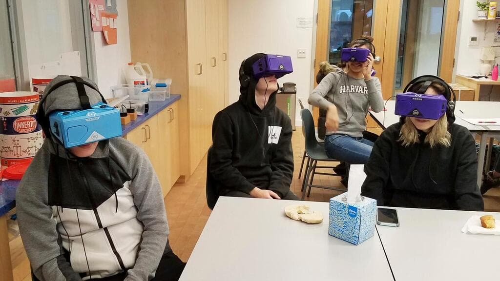 Students in New York use virtual reality headsets in their classroom.
