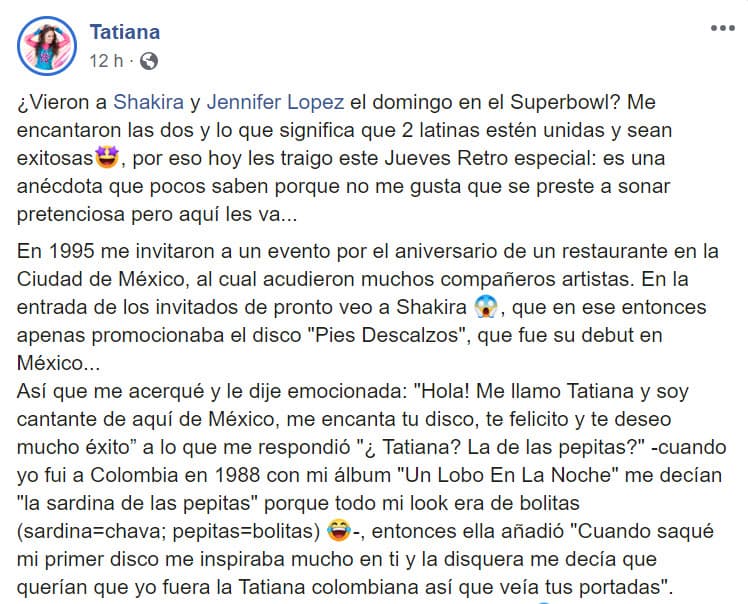 En la publicación, la mexicana inició con su opinión acerca del espectáculo de Shakira y Jennifer López 
<b><a href="https://www.univision.com/famosos/shakira-es-quien-mas-gana-tras-el-super-bowl-y-carga-con-maluma-anuel-aa-y-alejandro-sanz-fotos" target="_blank">durante el Super Bowl </a></b>y dijo que le encantó. Luego adelantó que contaría cómo fue su encuentro con Shakira. "Es una anécdota que pocos saben porque no me gusta que se preste a sonar pretenciosa, pero aquí les va". 
<br>