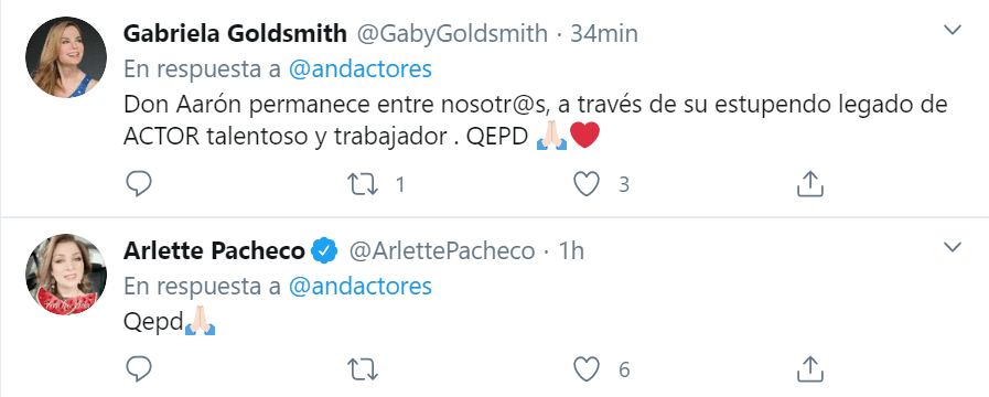 Tras la triste noticia, Gabriela Goldsmith, Arlette Pacheco y varios de sus compañeros dejaron sus condolencias a través de las redes sociales.