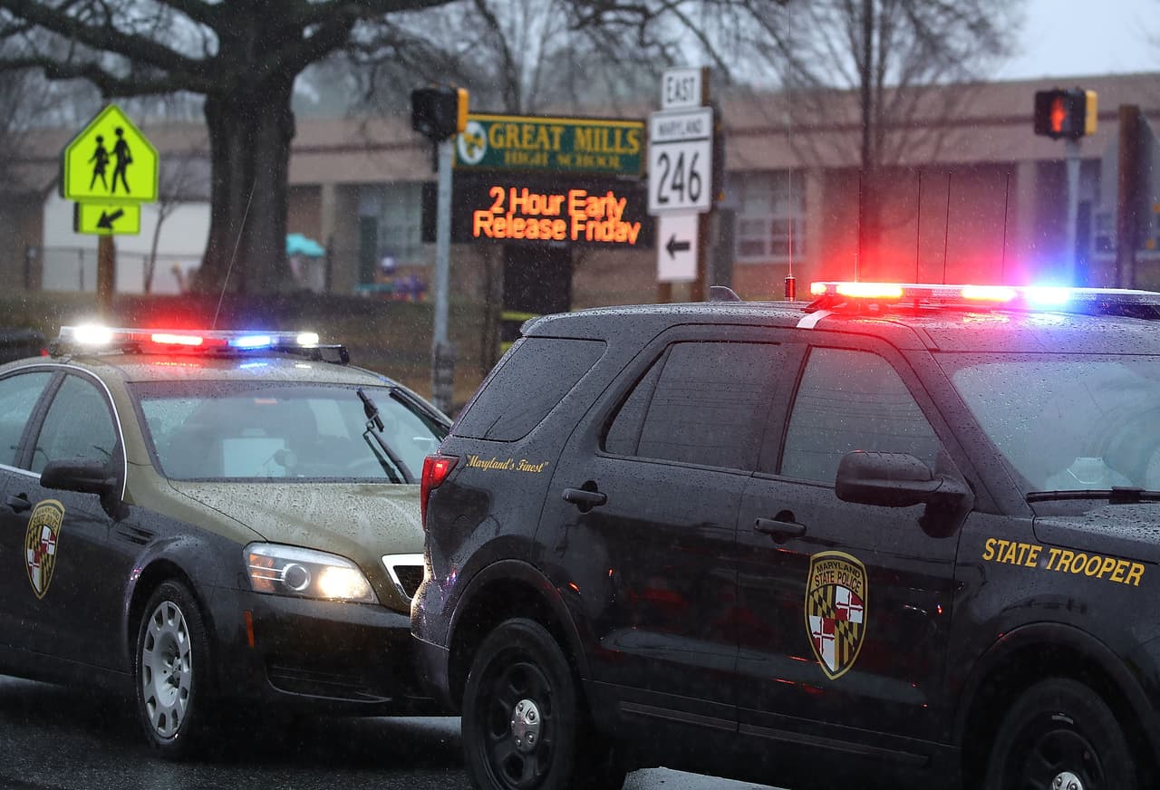 GREAT MILLS, MD - MARCH 20: Police vehicles are parked in front of Great Mills High School after a shooting on March 20, 2018 in Great Mills, Maryland. It was reported that two students at a Maryland high school were injured after a colleague opened fire in the hallway just before classes began. Wilson/Getty Images) (Photo by Mark Wilson/Getty Images)